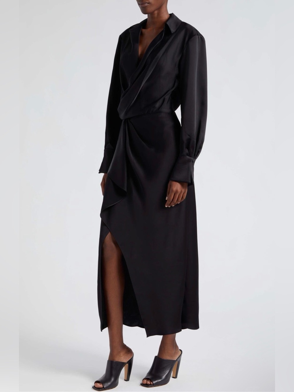 NEW NWT SIMKHAI Talita Draped Front Satin Black Wrap Maxi Dress sz 4